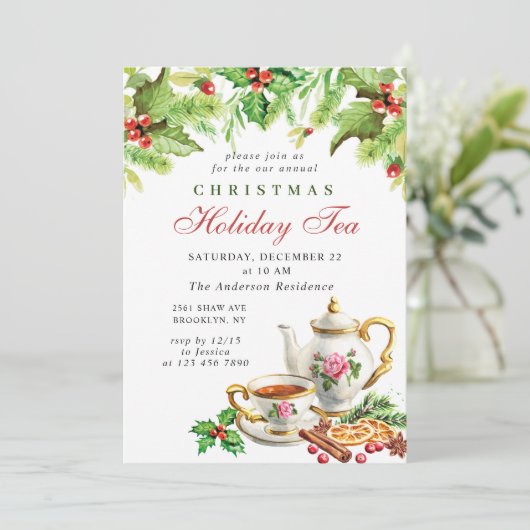 Festive Holly Berry Kerstfeestdag Tea Kaart (Staand voorkant)