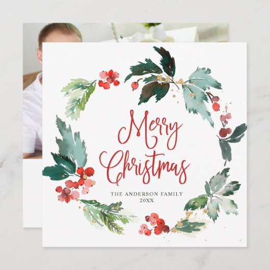 Festive Holly Berry Wreate Kerstfeestdag Feestdagenkaart (Voorkant / Achterkant)