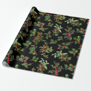 Festive Holly Black Achtergrond Cadeaupapier