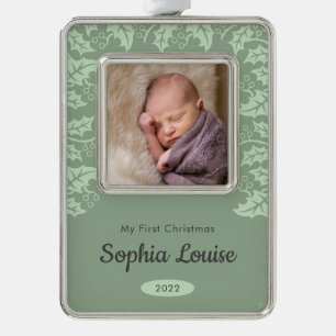 Festive Holly   Mijn eerste kerstfoto Verzilverd Kader Ornament