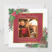 Festive Holly & Pine Crimson Red met kerstmis Feestdagenkaart (Voorkant)