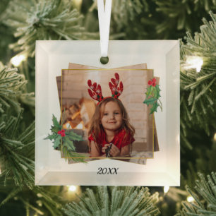 Festive Holly & Pine with Gold Lijst Photo Glas Ornament