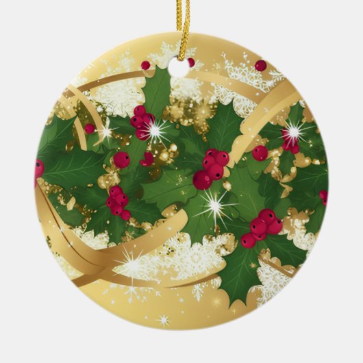 Festive Holly Ribbon — Elegant Christmas Design Keramisch Ornament (Voorkant)