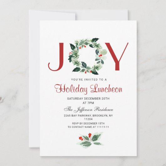 Festive Holly Wreath Holiday Kerstlunch Kaart (Voorkant)