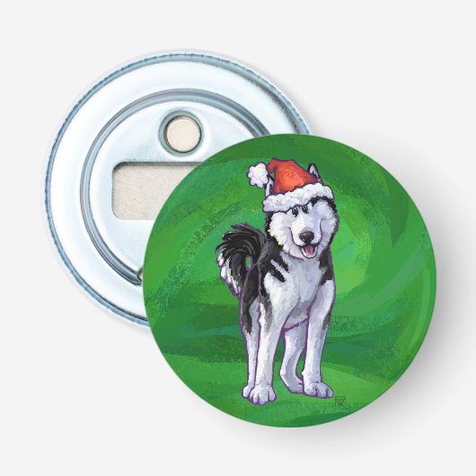 Festive Husky in Santa Hat op Green Button Flesopener (Voorkant)