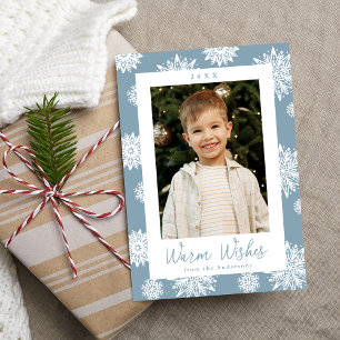 Festive Icy Blue en White Snowflakes Foto Feestdagenkaart