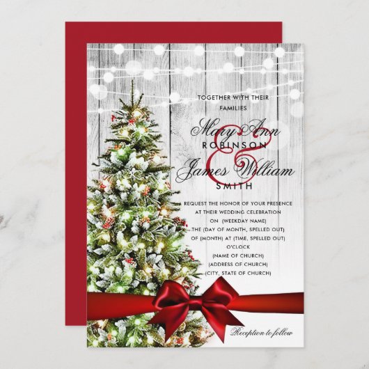 Festive kerstbruiloft - lichten en rood lintje kaart (Voorkant / Achterkant)