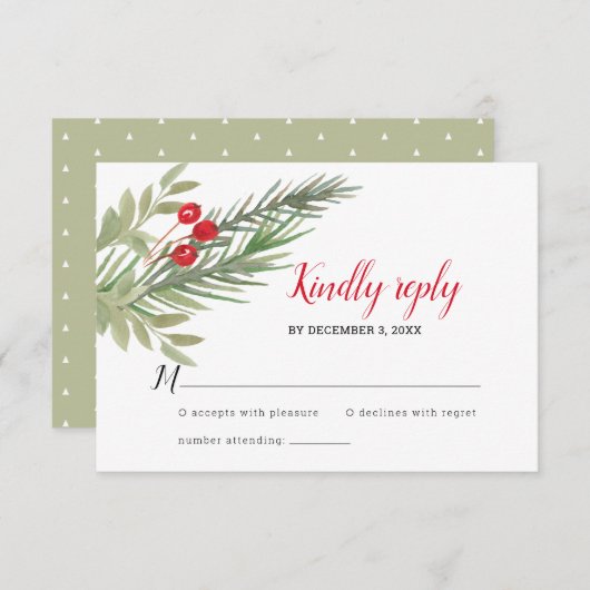 Festive kerstgrenery Wedding RSVP Kaartje (Voorkant / Achterkant)