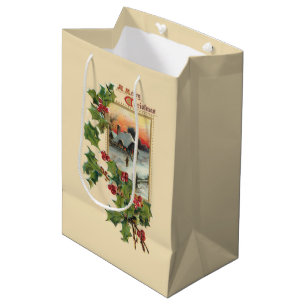 Festive kerstmis Holly and Rustic Winter Scene Medium Cadeauzakje