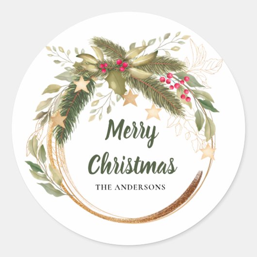 Festive Kerstmis met Greenery Familienaam Ronde Sticker (Voorkant)