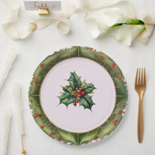 Festive Kerstoolive Green Holly Papieren Bordje