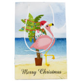 Festive kerstroze flamingo voeg tekst toe medium cadeauzakje (Voorkant)