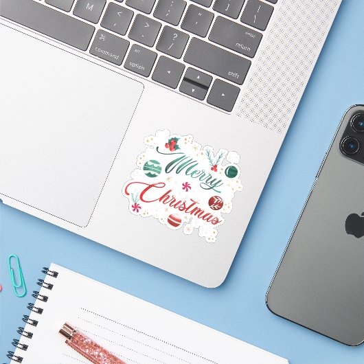 Festive Merry Christmas Typography with Ornaments Sticker (Laptop met iPhone)