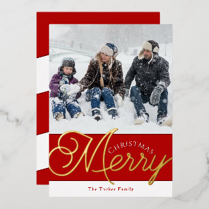 Festive Merry Script Red & Gold 2-fotoKerstmis Folie Feestdagenkaart
