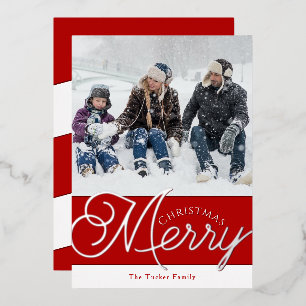 Festive Merry Script Red & Silver-foto met kerstmi Folie Feestdagenkaart