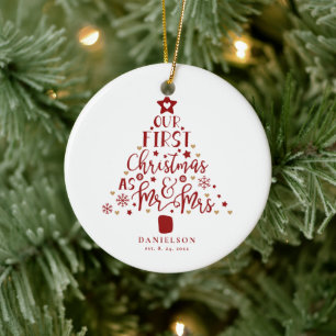 Festive Mr. en Mrs. Newly Weds kerstboom Keramisch Ornament