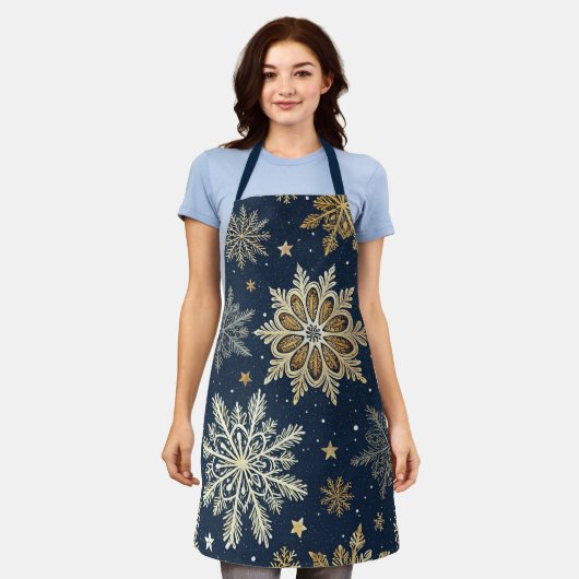 Festive Navy Blue & Gold Snowflake Pattern  Schort (Gedragen)