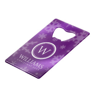 Festive Paars Foil Snowflakes Monogram Naam Kredietkaart Flessenopener