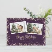 Festive Paars Twinkle Lights Stars Foto Feestdagenkaart (Staand voorkant)