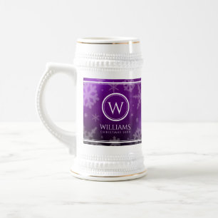 Festive Paarse Folie Snowflakes Monogram Naam Bierpul