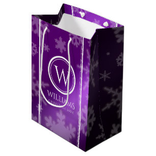 Festive Paarse Folie Snowflakes Monogram Naam Medium Cadeauzakje
