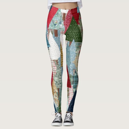 Festive Patchwork Christmas Tree Pattern Leggings (Voorkant)