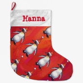 Festive Penguin in a Santa Hat Pattern Grote Kerstsok (Voorkant)