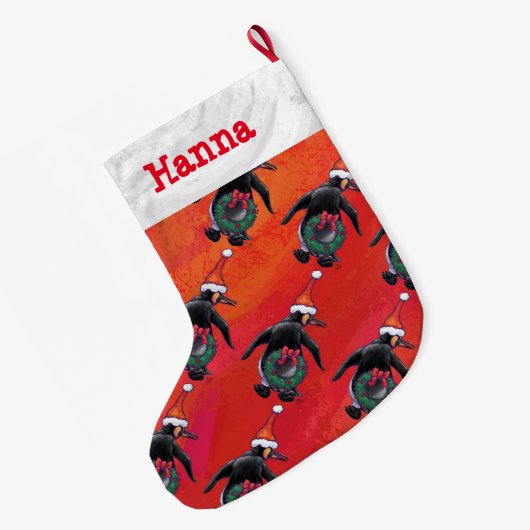 Festive Penguin in a Santa Hat Pattern Grote Kerstsok (Achterkant (Hangend))