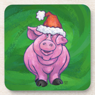 Festive Pig in Santa Hat over Groen Bier Onderzetter