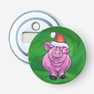 Festive Pig in Santa Hat over Groen Button Flesopener