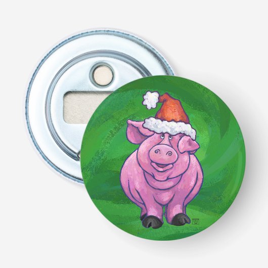 Festive Pig in Santa Hat over Groen Button Flesopener (Voorkant)