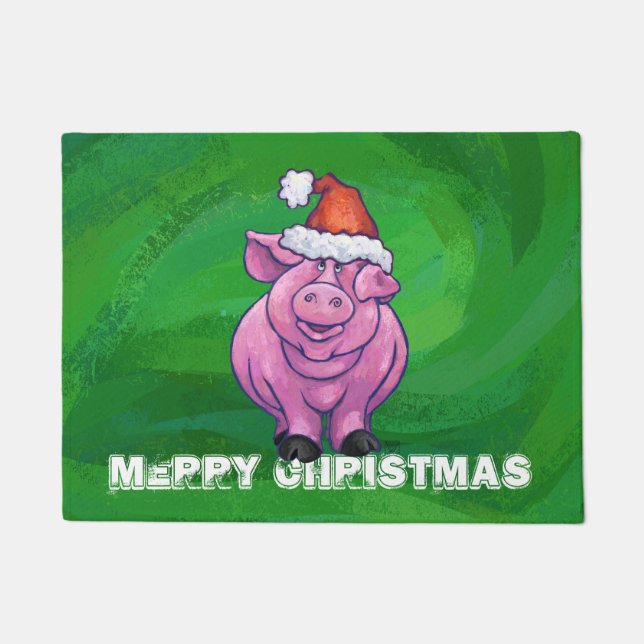 Festive Pig in Santa Hat over Groen Deurmat (Voorkant)