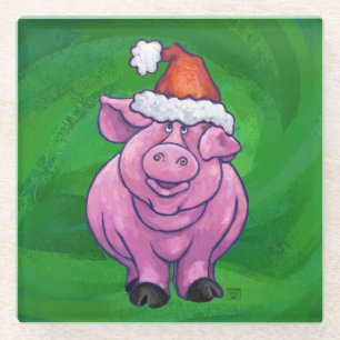 Festive Pig in Santa Hat over Groen Glazen Onderzetter