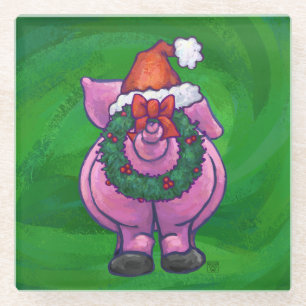 Festive Pig in Santa Hat over Groen Glazen Onderzetter