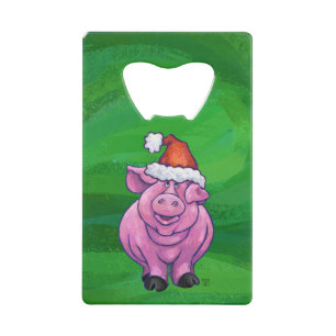 Festive Pig in Santa Hat over Groen Kredietkaart Flessenopener