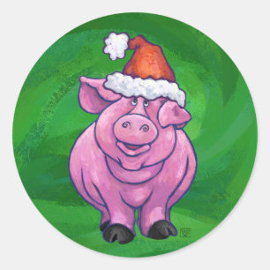 Festive Pig in Santa Hat over Groen Ronde Sticker