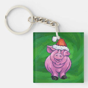 Festive Pig in Santa Hat over Groen Sleutelhanger
