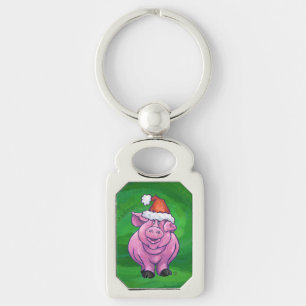 Festive Pig in Santa Hat over Groen Sleutelhanger