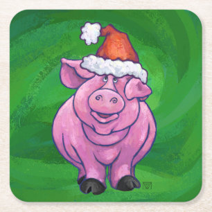 Festive Pig in Santa Hat over Groen Vierkante Kartonnen Onderzetter
