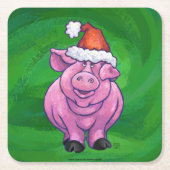 Festive Pig in Santa Hat over Groen Vierkante Kartonnen Onderzetter (Voorkant)