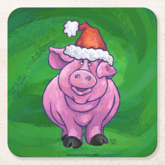 Festive Pig in Santa Hat over Groen Vierkante Kartonnen Onderzetter (Voorkant)