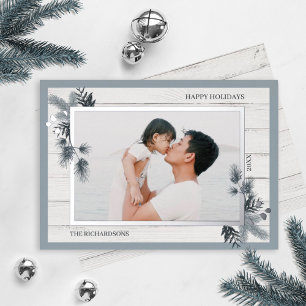 Festive Pine & Rustic White Wooden Shiplap Photo Folie Feestdagenkaart
