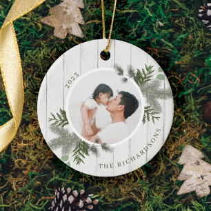 Festive Pine & Rustic White Wooden Shiplap Photos Keramisch Ornament