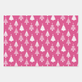 Festive Pink and White Christmas Tree Pattern Inpakpapier Vel