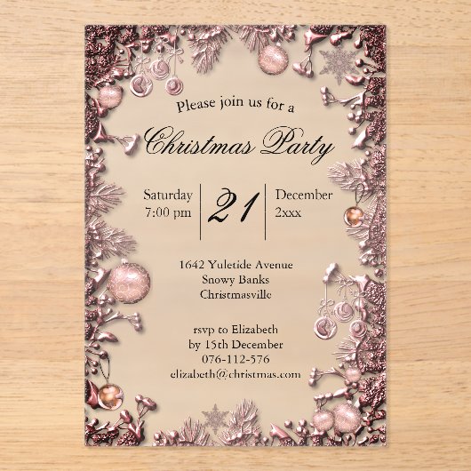 Festive Pink Celebration Baubles Christmas Party Acryl Uitnodigingen (Voorkant)