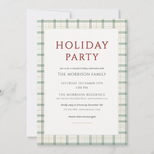 Festive Plaid Holiday Party Invitation Kaart (Voorkant)