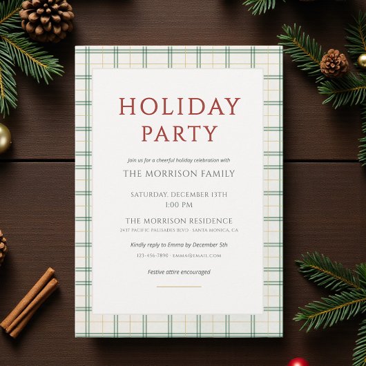 Festive Plaid Holiday Party Invitation Kaart