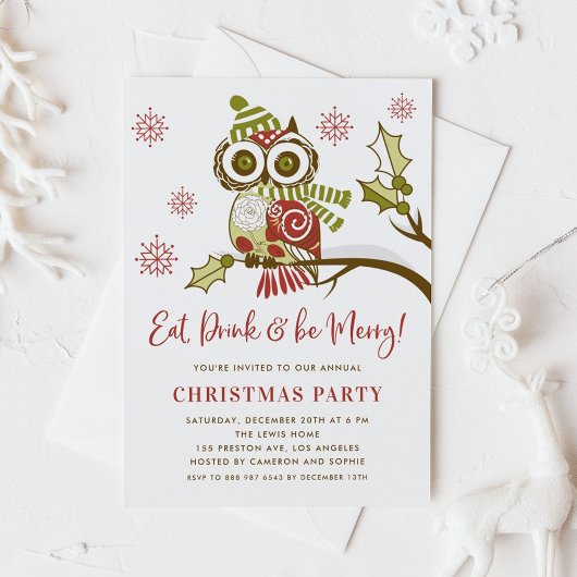 Festive Red and Green Owl Kerstparty Kaart