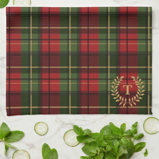 Festive Red And Green Tartan With Custom Monogram Theedoek (Gevouwen)