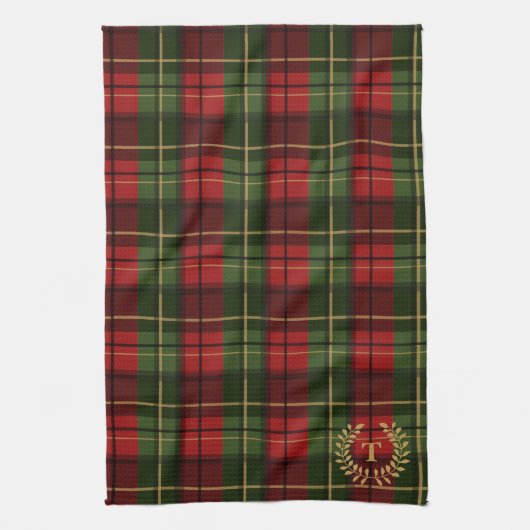 Festive Red And Green Tartan With Custom Monogram Theedoek (Verticaal)